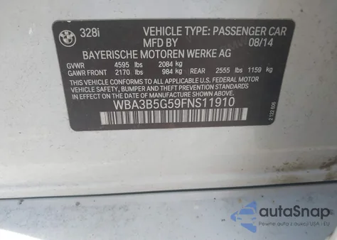 2015 BMW 328I xDrive из США, поврежденный, VIN WBA3B5G59FNS11910